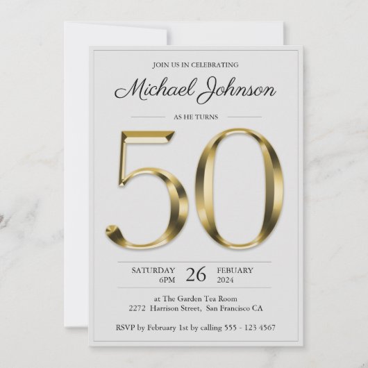 無地の金ゴールド50誕生日ライトグレーエレガントパーティー 招待状 (正面)