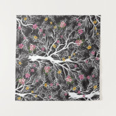 無地の黒い木でカラフルの花模様 タペストリー (正面(横))