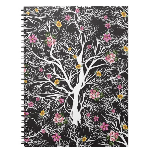 無地の黒い木でカラフルの花模様 ノートブック (正面)