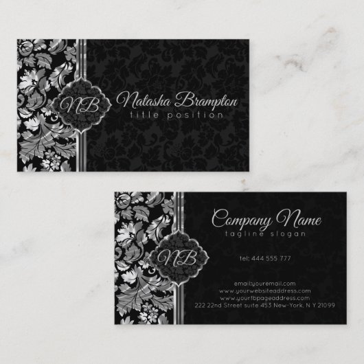 無地の黒と銀のダマスク 名刺 (正面/裏面)