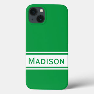 無地のKelly Green Whiteストライプモダン名 iPhone 13ケース