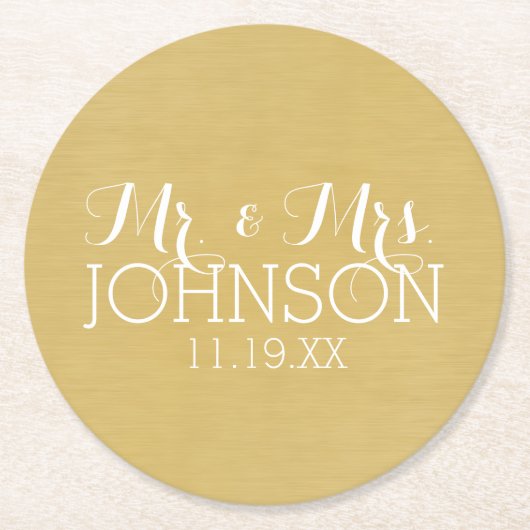 無地カラー Mr & Mrs ウェディングまたはアニバーサリーギフト ラウンドペーパーコースター (正面)