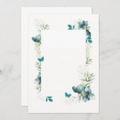 無地カード - 緑と青の花と蝶のモチーフ 招待状 (正面/裏面)