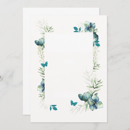 無地カード - 緑と青の花と蝶のモチーフ 招待状 (正面/裏面)