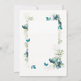 無地カード - 緑と青の花と蝶のモチーフ 招待状