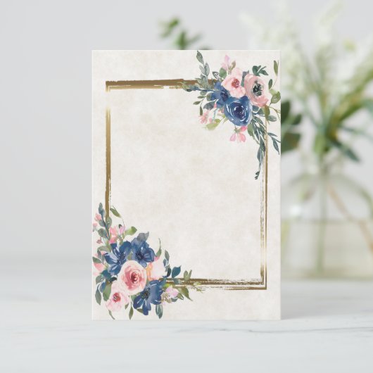 無地 ピンクと青の花模様に金のフレーム 招待状 (スタンド正面)