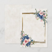 無地 ピンクと青の花模様に金のフレーム 招待状 (正面/裏面)