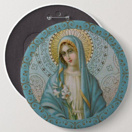 無垢ヴァージンメアリとユリ金ゴールドデコ縁どア 缶バッジ (正面&裏面)