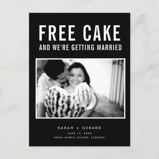 無料おもしろいケーキ写真結婚式の日付を保存 案内ポストカード (正面)