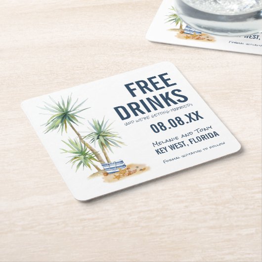 無料おもしろいドリンクビーチ結婚式日付の保存 スクエアペーパーコースター (アングル)