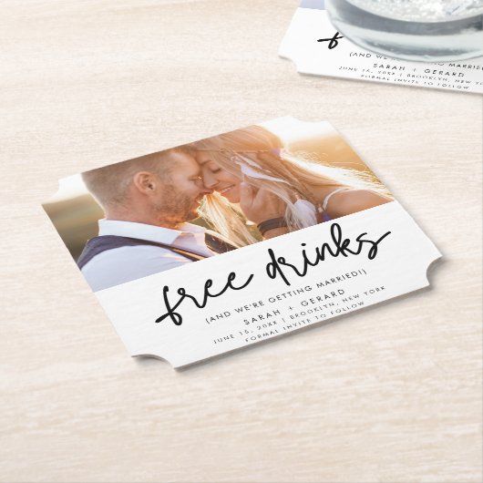 無料おもしろいドリンク写真ウェディング日付を保存 ペーパーコースター (アングル)