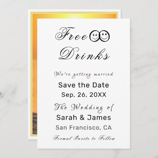 無料おもしろいドリンク写真ウェディング日付を保存 招待状 (正面/裏面)