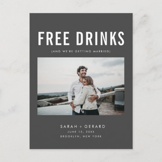 無料おもしろいドリンク結婚のグレーの日付を保存 案内ポストカード (正面)