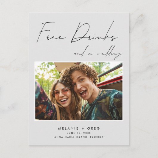 無料おもしろいドリンク結婚の写真日付を保存 案内ポストカード (正面)