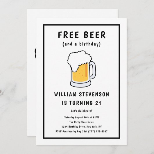 無料おもしろいビールジョークシンプルマン21歳の誕生日 招待状 (正面/裏面)