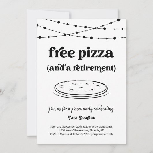 無料おもしろいピザと退職パーティの招待状 招待状 (正面)