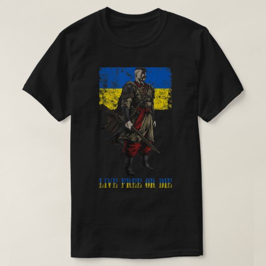 無料で生きる、またはコサック戦士ウクライナ国旗を死ぬ Tシャツ (デザイン正面)