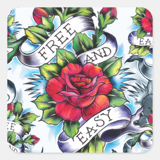 無料と簡単水色バラタトゥーアート。 スクエアシール (正面)