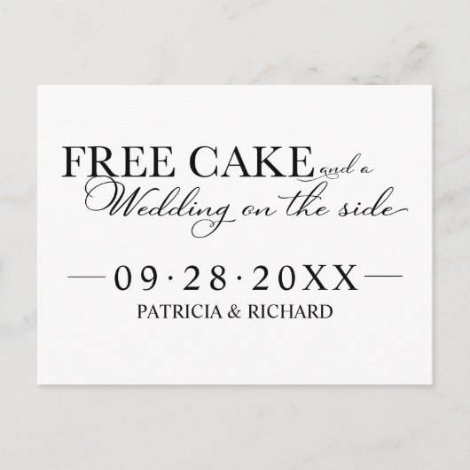 無料のケーキおもしろい結婚式の日付を保存する非写真 ポストカード (正面)