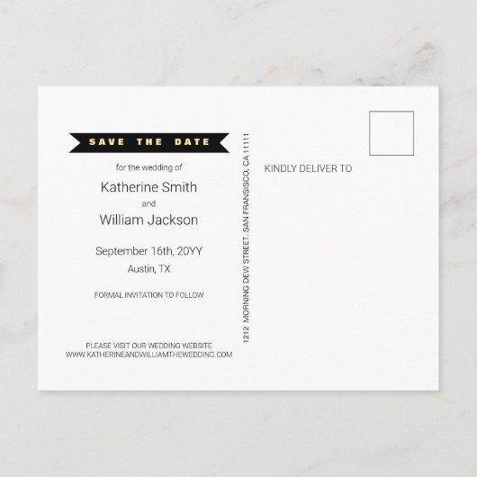 無料のケーキとユーモア溢れる結婚式の招待状(Save The Date) 案内ポストカード (裏面)