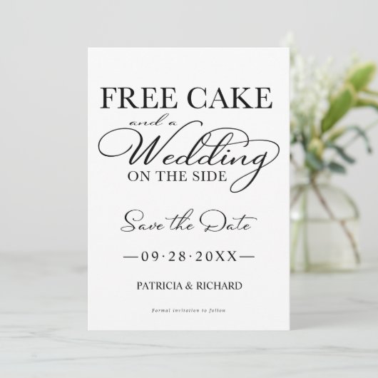 無料のケーキと結婚サイドのAの日付を保存 招待状 (スタンド正面)