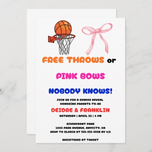 無料のスローまたはピンクの湾曲性別の表示パーティー 招待状 (正面/裏面)