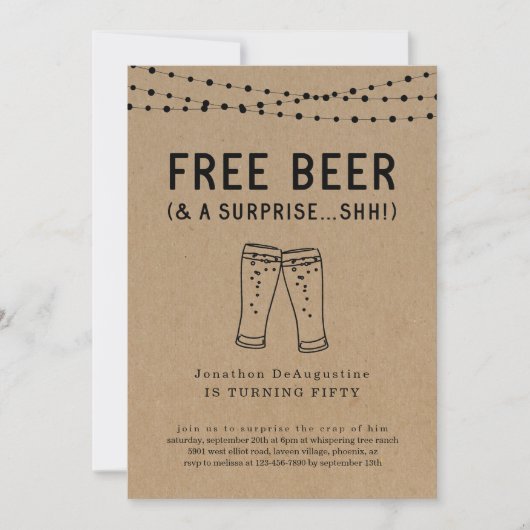 無料のビールとサプライズパーティーのおもしろい招待状 招待状 (正面)