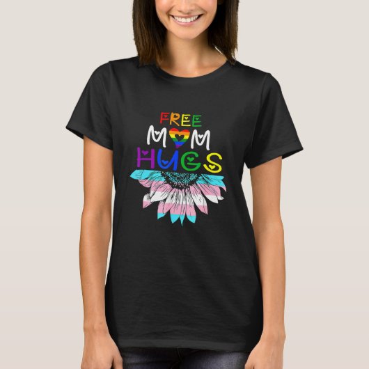 無料のママHugs Lgbt Lgbtqプライドレインボーサンフロー Tシャツ (正面)