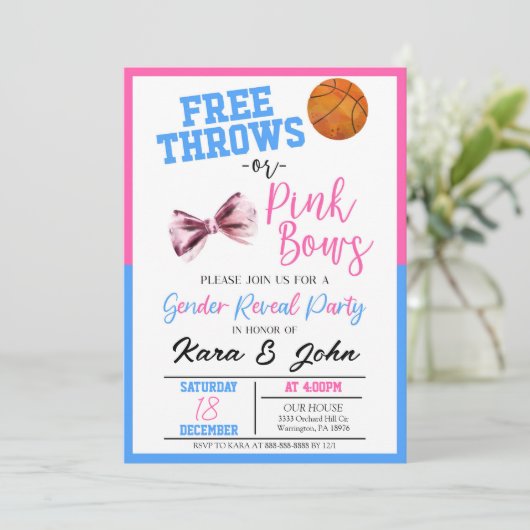 無料の投げまたはピンクの弓バスケットボールジェンダーの明け 招待状 (スタンド正面)