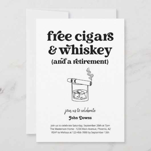 無料の葉巻とウイスキーのおもしろい退職パーティー 招待状 (正面)