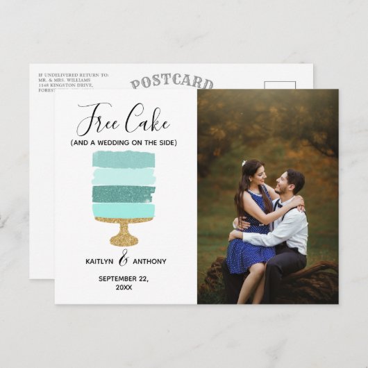 無料ケーキおもしろい写真モダン結婚式の日付保存 案内ポストカード (正面/裏面)