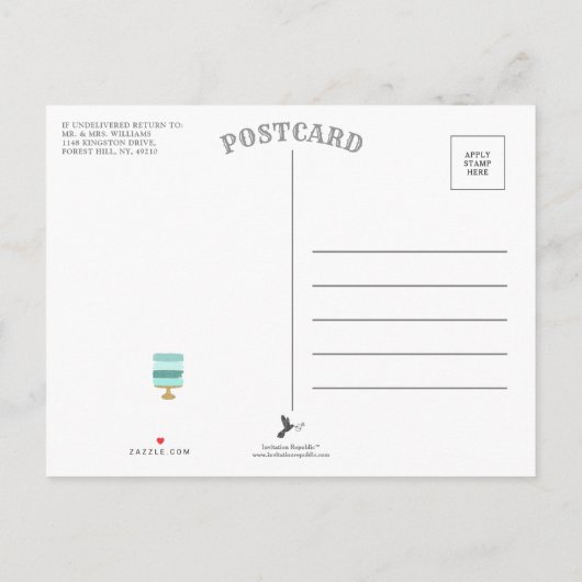 無料ケーキおもしろい写真モダン結婚式の日付保存 案内ポストカード (裏面)