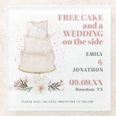 無料ケーキ結婚のサイドピンクおもしろい日付を保存 ガラスコースター (正面)