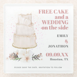 無料ケーキ結婚のサイドピンクおもしろい日付を保存 ガラスコースター