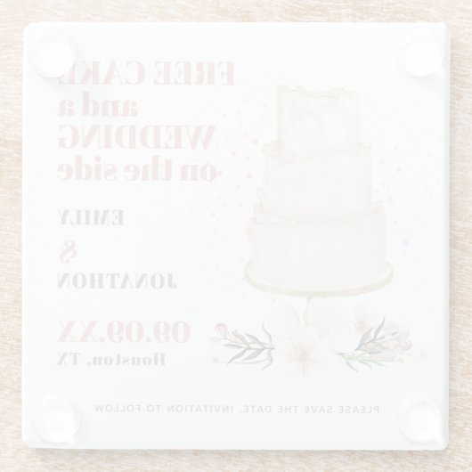 無料ケーキ結婚のサイドピンクおもしろい日付を保存 ガラスコースター (裏面)