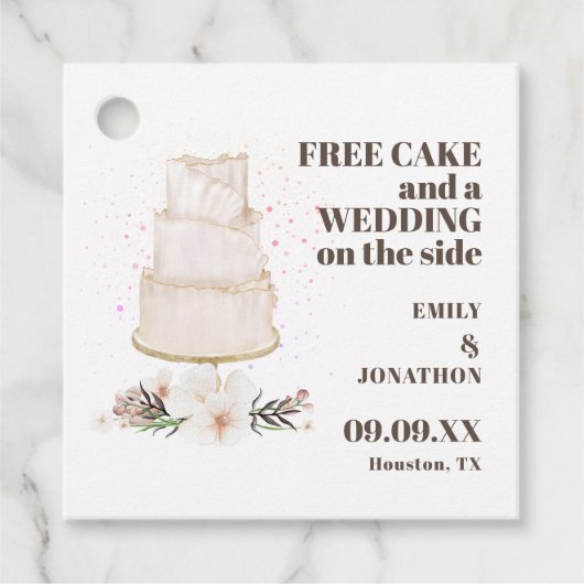 無料ケーキ結婚のサイド文字ブラウン日付を保存 フェイバータグ (正面)