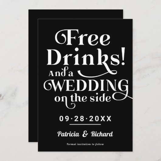 無料ドリンクおもしろいウェディングカジュアル日付を保存 招待状 (正面/裏面)