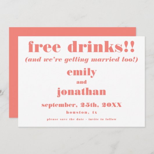 無料ドリンクおもしろいコーラルウェディング日付を保存 セーブザデート (正面/裏面)