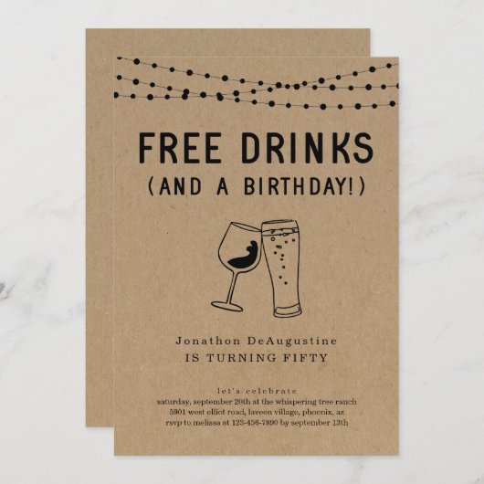 無料ドリンクおもしろい大人の誕生日パーティーへの招待 招待状 (正面/裏面)