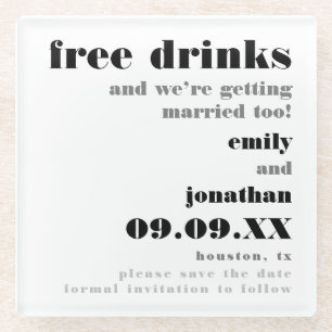 無料ドリンクを取得する結婚ホワイト日付を保存 ガラスコースター