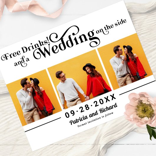 無料ドリンクカジュアル結婚式の日付を保存する3写真 ポストカード