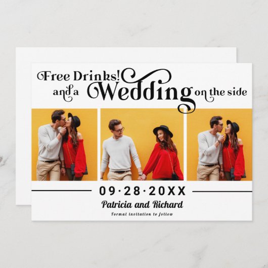 無料ドリンクカジュアル結婚式の日付を保存する3写真 招待状 (正面/裏面)