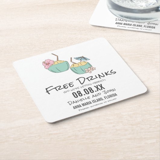 無料ドリンクココナッツビーチ結婚式保存日 スクエアペーパーコースター (アングル)