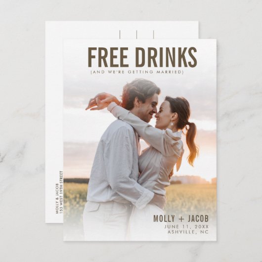 無料ドリンク写真の結婚式の日付を保存 案内ポストカード (正面/裏面)