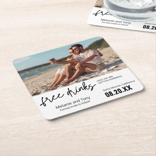 無料ドリンク写真ユニーク日付の保存 スクエアペーパーコースター (アングル)