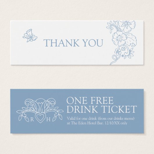 無料ドリンク結婚のバウチャーカード(紋章の)フラ・ダ・リ青 (正面&裏面)