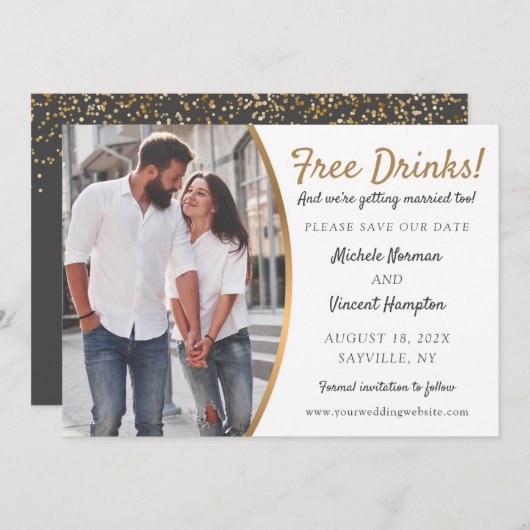 無料ドリンク黒金ゴールド写真カジュアル日付の保存 セーブザデート (正面/裏面)