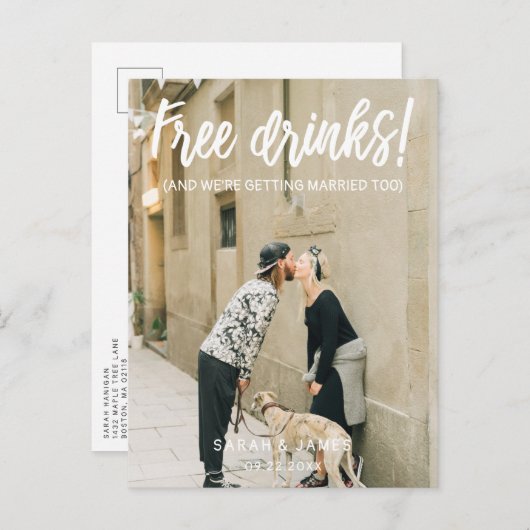 無料飲み物!日付を保存するホワイトスクリプトの写真 案内ポストカード (正面/裏面)