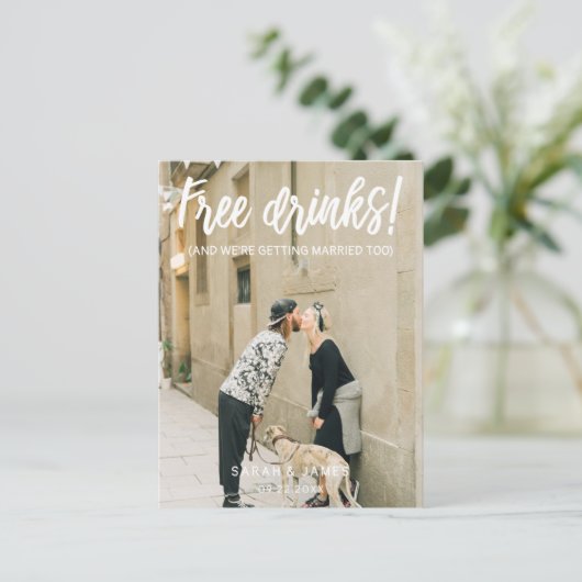 無料飲み物！日付を保存するホワイトスクリプトの写真 案内ポストカード (スタンド正面)