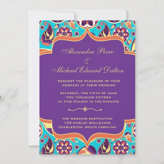 無比のペイズリーのオレンジ及び水の結婚式招待状 招待状 (正面)